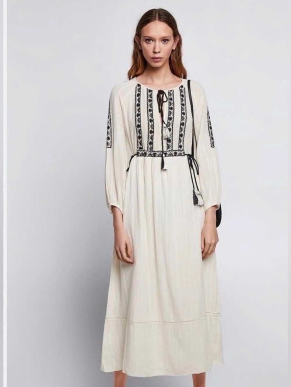 Zara Ivory Maxi Dress with Black Embroidered Trim